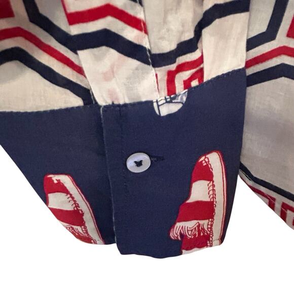 TIZZIE Women’s 100% Cotton Collared Long Sleeve Red White Blue Top Blouse Size M - Picture 7 of 12